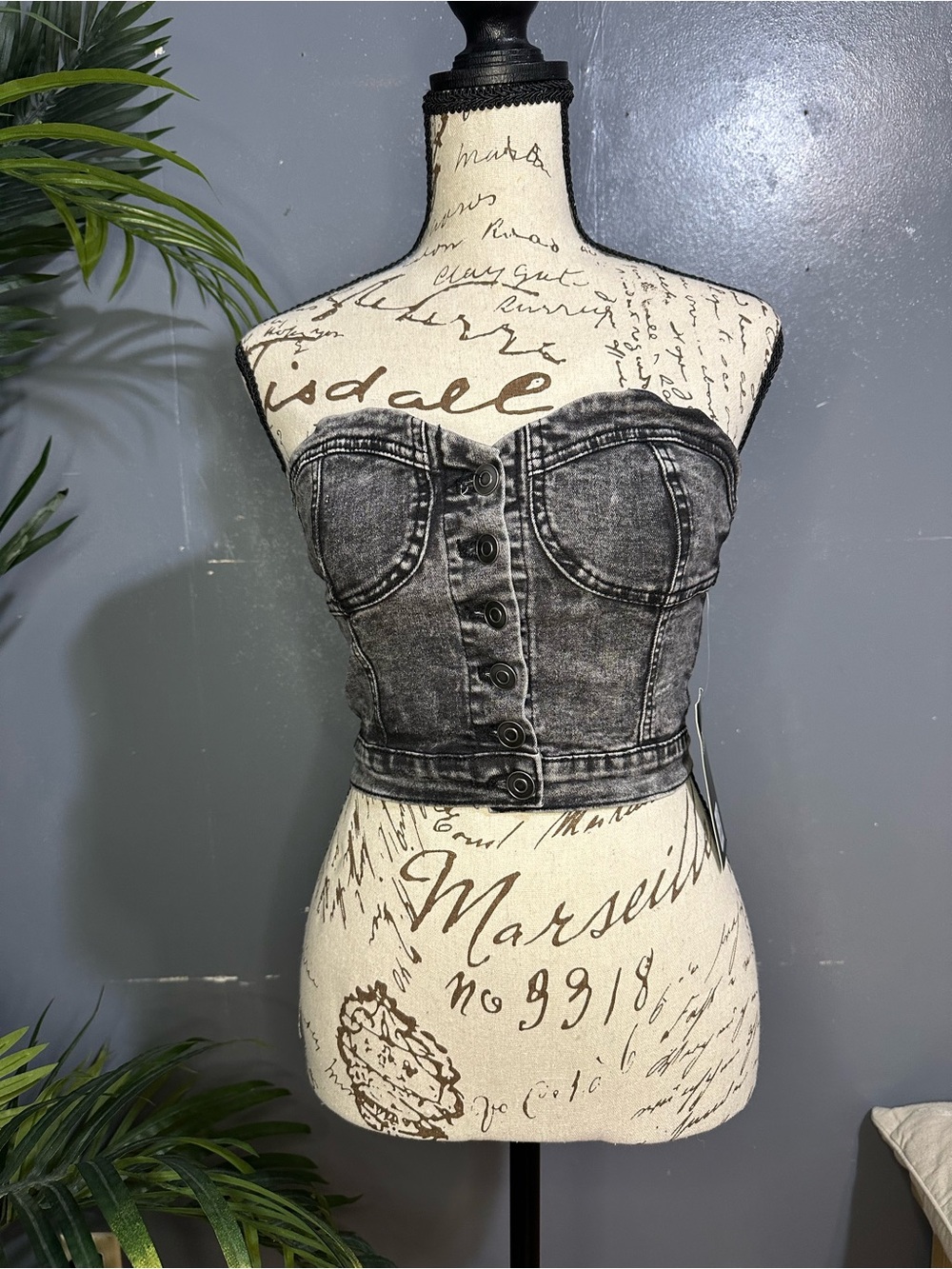 refuge Washed Black Denim Strapless Bustier Crop Top